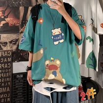  ins cartoon Harajuku short-sleeved t-shirt mens Hong Kong style printing five-point sleeve top 2021 summer trend loose clothes