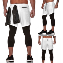 Summer double-layer pants with seven-point pants Mens sports fitness seven-point pants Running quick-drying breathable slim pants white training pants