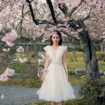 French retro socialite temperament princess skirt ruffled fairy dress white polo dot lace mesh holiday dress