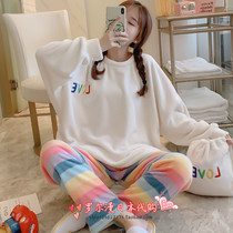 Japanese soft honey sunflower rainbow pajamas womens autumn winter coral fleece long sleeve home clothing set