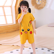 children's nightdress one-piece pajamas thin short sleeve summer Pikachu girl baby one-piece pure cotton cartoon air conditioning suit