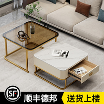 Italian Style Light Extravagant Tea Table table Pole Jane Small family Living room Home rock plate transparent Tea color glass square tea table Composition
