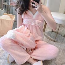 Coral velvet pajamas womens winter sweet and cute Korean version of sexy flannel thickened three home clothes four-piece set