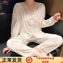 SLP real silk pajamas womens autumn and winter gold velvet high-quality lace long-sleeved home clothes sexy suit