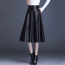 Leather skirt long A- line dress women autumn and winter New 2021 high waist covering meat pleated skirt umbrella skirt casual skirt