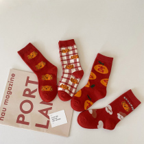 Childrens cotton socks tiger year new male and female child baby Geely red pane cartoon midcylinder socks 4 double loaded set of tide