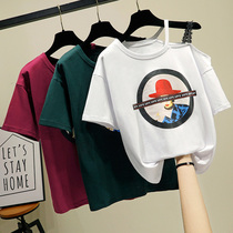 South Korean short sleeve t-shirt female summer 2020 new loose Korean version heart machine sexy open-shoulder fashion foreign air blouse surge