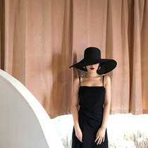 Black straw hat female beach big hat brim retro French Hepburn style new seaside holiday sunshade sun hat summer