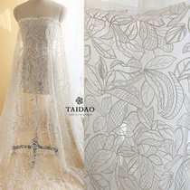 Taiwan New feather sequined ivory white embroidered lace fabric dress M19 wedding dress clothing material fabric