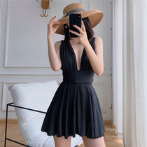 2021 New Korean INS Style Sexy Deep V Cover Belly Slim Black Skirt One-Piece Swimsuit