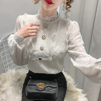 2020 Autumn and Winter new foreign style thin mesh stitching lace stand collar bubble sleeve chiffon shirt top female