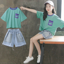 South Korea girls suit 2021 summer new children's dress foreign style net red children's striped short sleeve shorts two-piece set