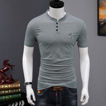 Linen T-shirt mens short sleeves summer cotton linen embroidery Chinese style casual solid color v-collar trend mens shirt thin