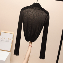 Semi-high wooden ear collar mesh base shirt womens long-sleeved t-shirt worn outside the 2020 new sexy lace inner top