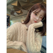 In momo (a love) mohair pick hole sweater cardigan female Autumn New sweet knitted top tide