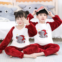 Childrens clothing new childrens flannel pajamas autumn and winter baby girls boy coral velvet home wear pajamas set