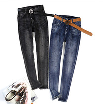 European station 2021 Autumn New rhinestone high stretch jeans slim burrs pencil pants nine-point women