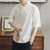 TOUCH MISS summer Chinese style linen t-shirt mens short-sleeved disc buckle cotton and linen large size loose casual top