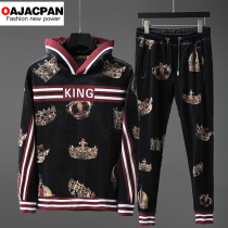 European station gold velvet set men 2020 autumn and winter New Korean trend Crown printing leisure sports two pieces