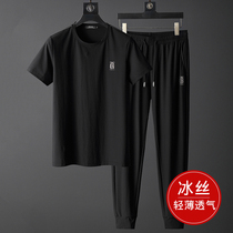 Summer sportswear casual suit men loose ice silk short sleeve T-shirt ultra-thin big code speed dry mens pants