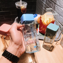 Square Cup personality plastic cup children with cover portable drop-resistant summer hand Cup leak-proof simple transparent accompanying