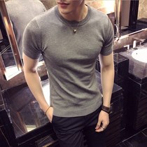 Spring and Autumn Solid Color Knitted T-shirt Short Sleeve Men Korean Tide Brand Joker High-end Half-Sleeve Tight-fitting Body