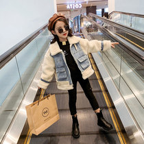 Korean girl lamb wool denim coat autumn and winter new foreign girl medium big child plus velvet thickened Korean winter dress