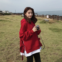  Hong Kong tide brand sweater womens loose bf lazy wind spring and autumn mid-length hooded thin fake two-piece long-sleeved top tide