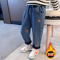 Girl jeans fall and winter 2022 new babys fluff children in winter clothes wear net red plus trousers