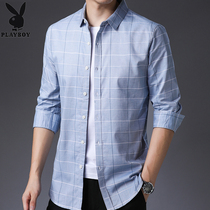 Playboy cotton shirt mens long-sleeved spring and autumn business casual cotton plaid shirt middle-aged mens shirt