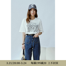 Deer and flying bird day series spring 100 hitch hand-painted printed comfort grinding pure cotton round collar short sleeve t-shirt 4187