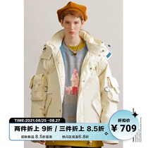  UNVESNO retro white multi-pocket tide brand couple winter thickened warm hooded jacket down JACKET