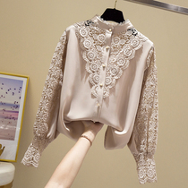 Korean lace Chiffon shirt womens spring and autumn 2021 new stand-up collar long-sleeved shirt small fragrance style small shirt top tide