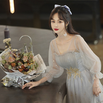 Gray bridesmaid dress female 2022 new winter fairy big size fat mm sister group high-end long-sleeved evening dress skirt