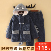 Boys pajamas winter thickened three-layer cotton warm coral velvet flannel big childrens home clothing set