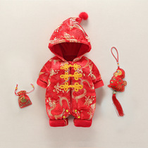 Baby jumpsuit winter clothes thickened with velvet newborn clothes male and female baby clothes crawling suit red festive annual dress