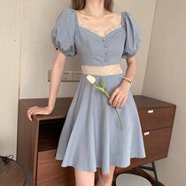 Fa-style square shoulder dating small skirt temperament small scent wind square collar foam sleeves first love small crowddress Childrens summer
