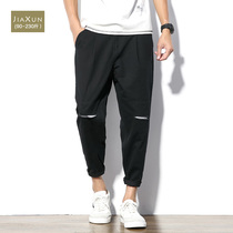 Mens trend summer hole ankle-length pants loose fat plus size Harlan casual pants black small feet fat thin
