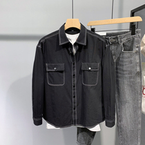 Tide Card 2023 Spring Autumn Season Tooling Shirt Male Korean version Black Bright Line Blouses Pure color Long sleeves shirt light and cooked