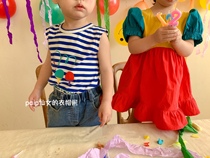 (paip home) 2021 summer girl color bubble sleeve square collar dress skirt Korean ins color