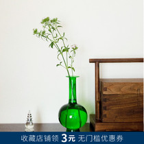  Chinese Zen emerald green glass net bottle Imitation Song Dynasty straight neck bottle transparent flower arrangement Classical simple tea room desktop ornaments