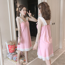 Cotton princess style lace nightgown summer sling pajamas female student girl sweet cute with chest pad home clothes