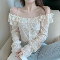 Lace shirt Women 2020 new early autumn lace temperament suspenders lantern sleeve short shoulder top tide ins