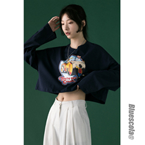 2021 spring and autumn new Korean loose cartoon printing short umbilical retro student long-sleeved T-shirt top female