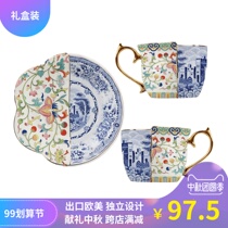 Doucai blue and white retro coffee cup European afternoon tea light luxury Cup plate bone porcelain gold blue and white porcelain gift box