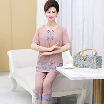 Mother pajamas female cotton silk short-sleeved home clothes middle-aged and elderly mother-in-law cotton silk old man two-piece summer thin