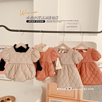 South Koreas autumn and winter new baby one-piece clothes thickening plus cotton bag fart clothes for womens baby even dress and sisters