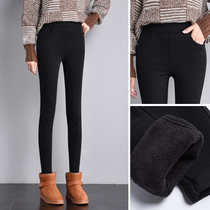 Plus velvet leggings womens outer wear autumn and winter 2021 new extended high-waist cotton pants black warm thickened small feet pants
