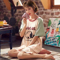 Night dress female summer Korean version of cute cartoon short-sleeved thin one-piece mid-length loose casual home clothes can be worn outside