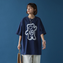 Blue short-sleeved t-shirt womens chic Hong Kong taste summer loose Korean version bear half-sleeve top 2021 new couple outfit